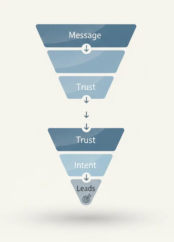 A clean, minimalist diagram of a conversion funnel on a light background. The flow moves vertically through several blue-toned segments labelled: Message, Trust, Intent, and finally Leads at the bottom, represented by a small target icon.