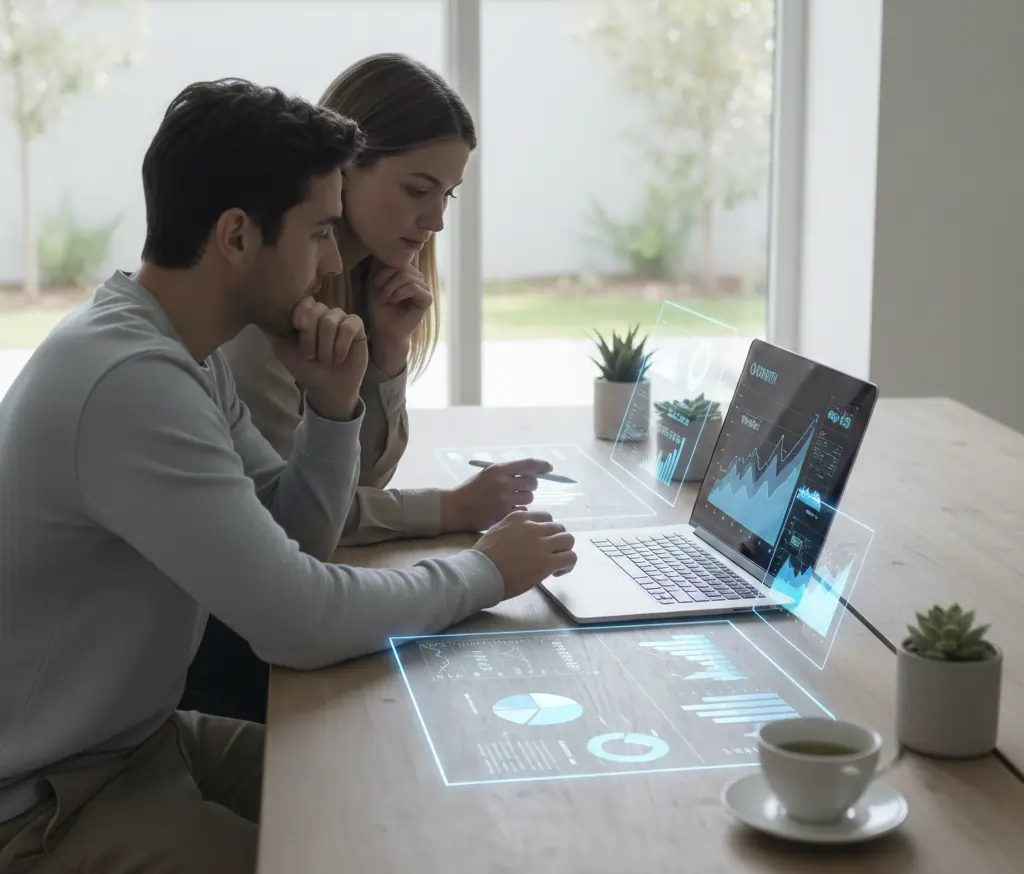A man and a woman in a minimalist, modern workspace focus intently on a laptop screen displaying data visualisations. Digital holographic charts and graphs are layered over the wooden desk, creating a calm and analytical atmosphere.